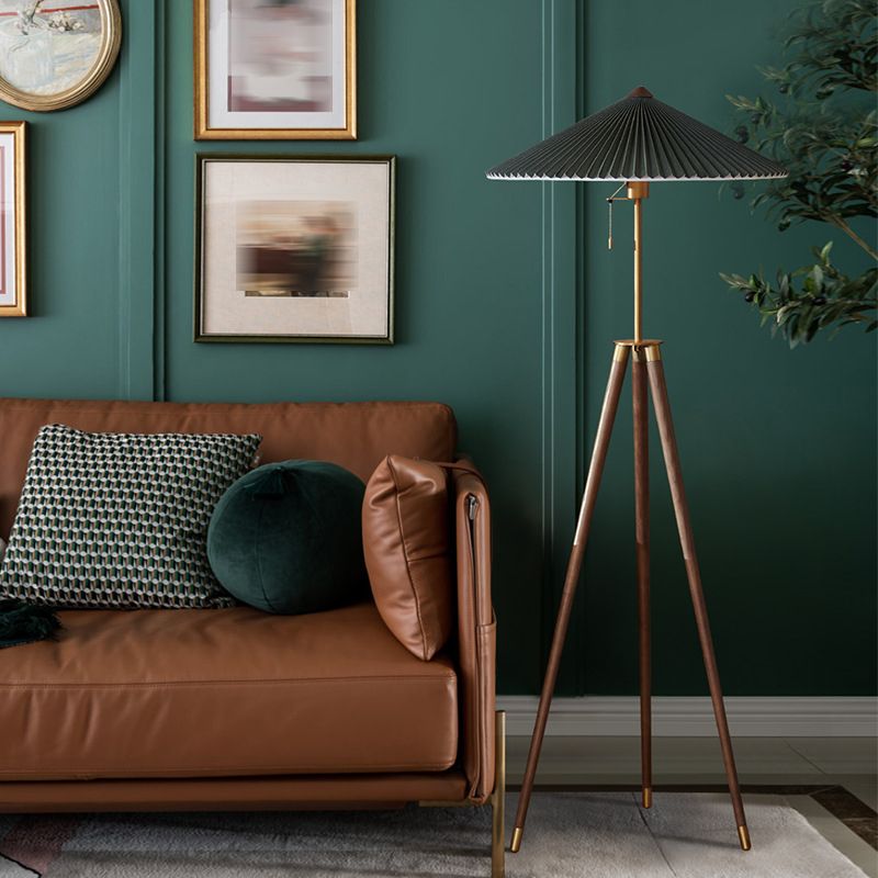 Ozawa Modern Pleated Tripod Wood Fabric Floor Lamp - Lumpaz