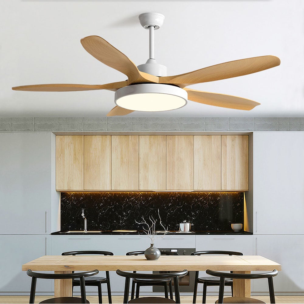 Ozawa Basic White & Black Modern 5-Blade DC Ceiling Fan with Light, Wood, 51'' - Lumpaz