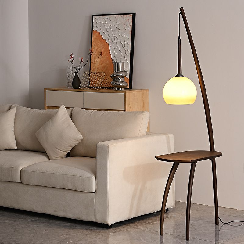 Ozawa Modern Dome Tripod Wood Glass Floor Lamp /w Table, Brown - Lumpaz