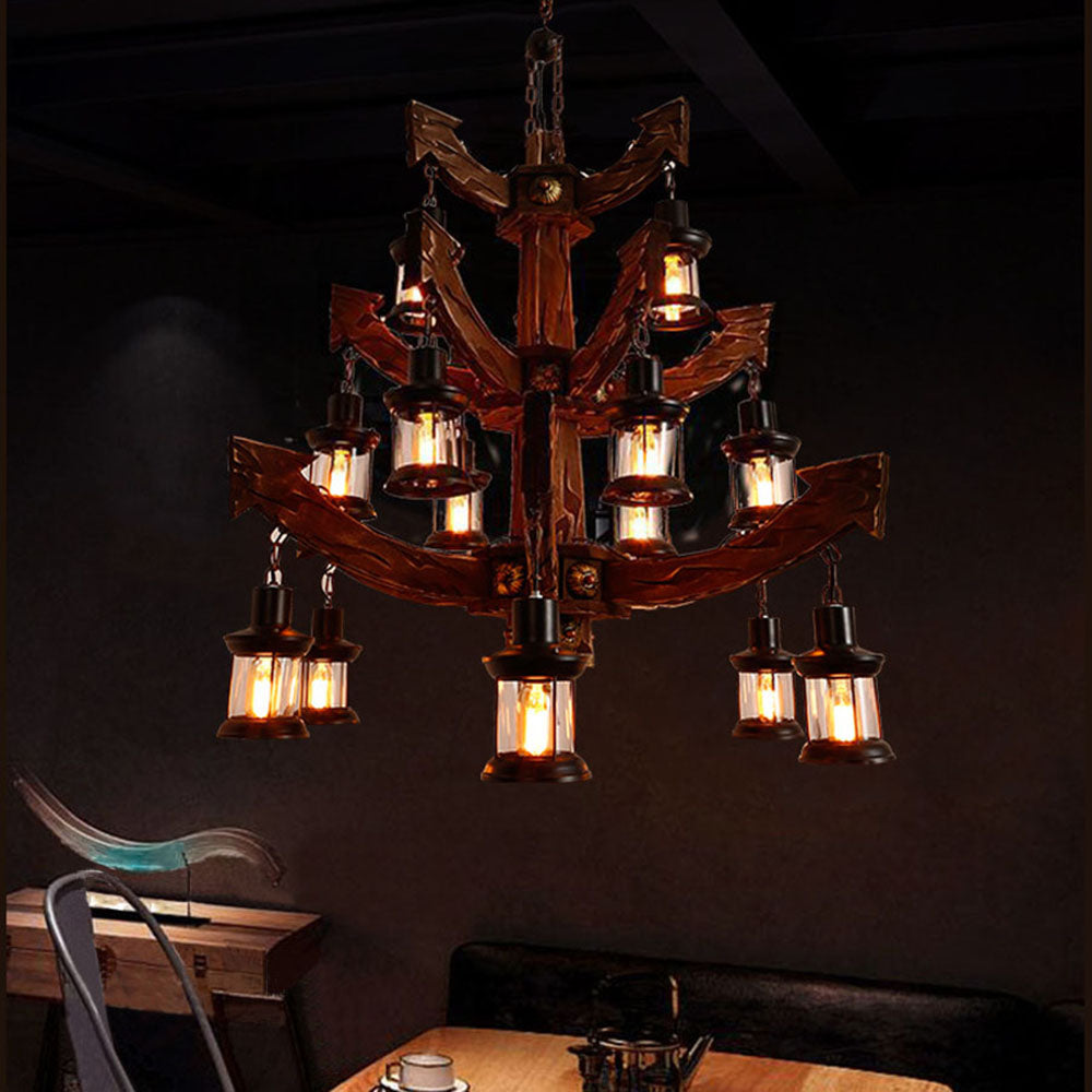 Austin Retro 14 Lantern Wood/Metal Chandelier Living Room/Bedroom - Lumpaz