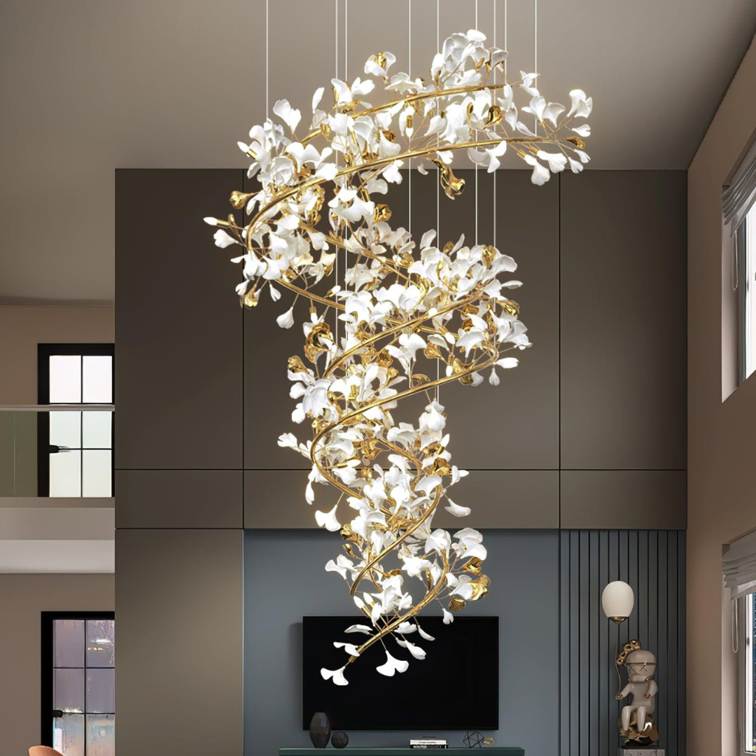 Olivia AntGlo Modern Gold Staircase Chandelier, Metal & Ceramic - Lumpaz