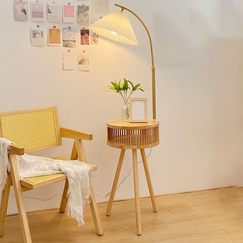 Ozawa Retro Pleated Metal & Wood Floor Lamp /w Bedside Table - Lumpaz