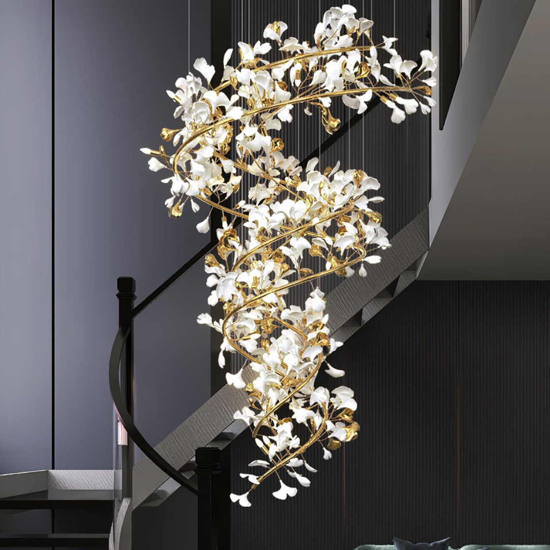 Olivia AntGlo Modern Gold Staircase Chandelier, Metal & Ceramic - Lumpaz