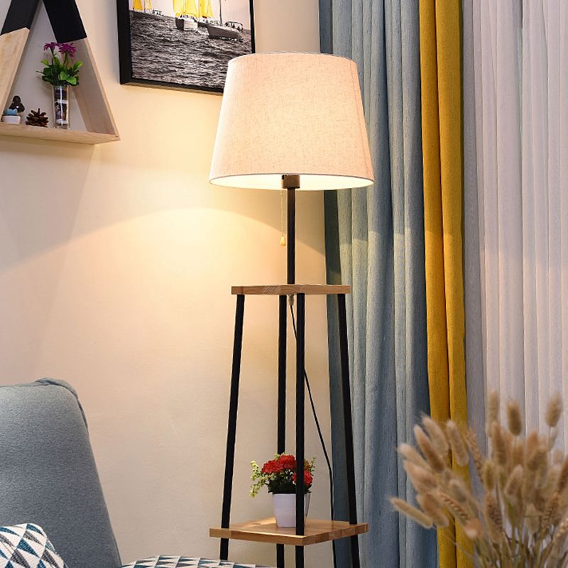 Eryn Modern Cone Metal Fabric Floor Lamp /w Shelf ,Black - Lumpaz