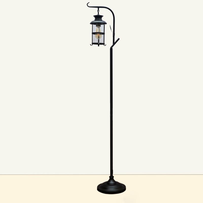 Alessio Retro Lantern Metal Glass Floor Lamp /w Table, Black/White - Lumpaz