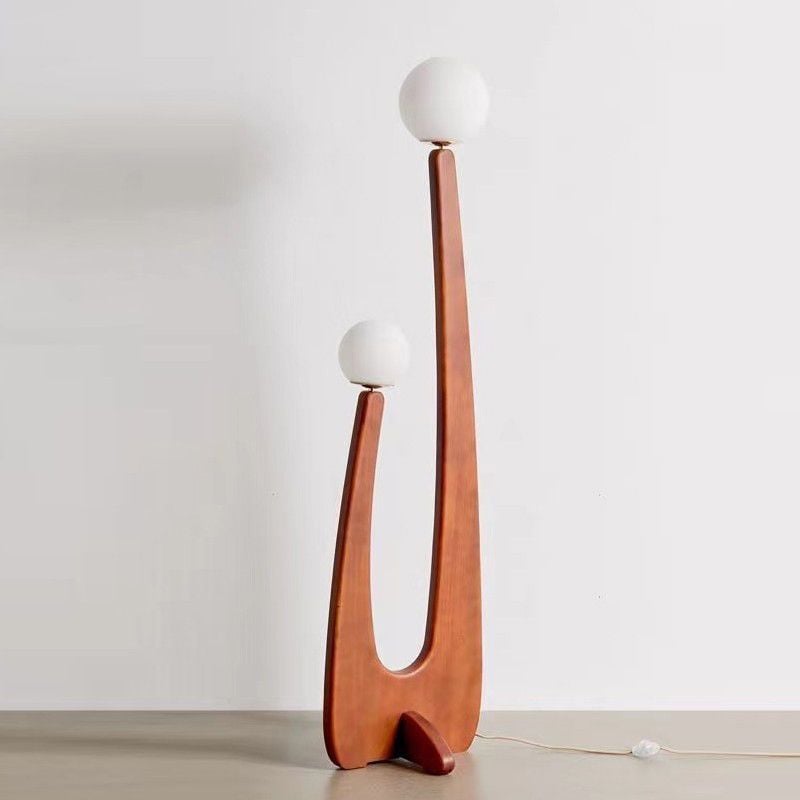 Avi Vintage Wood/Glass Floor Lamp,  2 Heads - Lumpaz