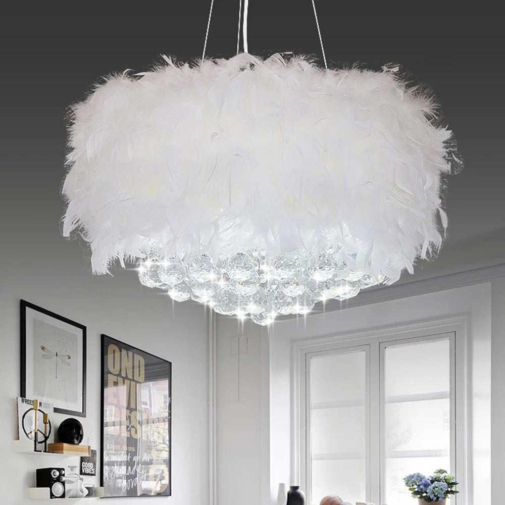 O'Moore Modern Luxury Round Chandelier, Feather/Crystal, White - Lumpaz