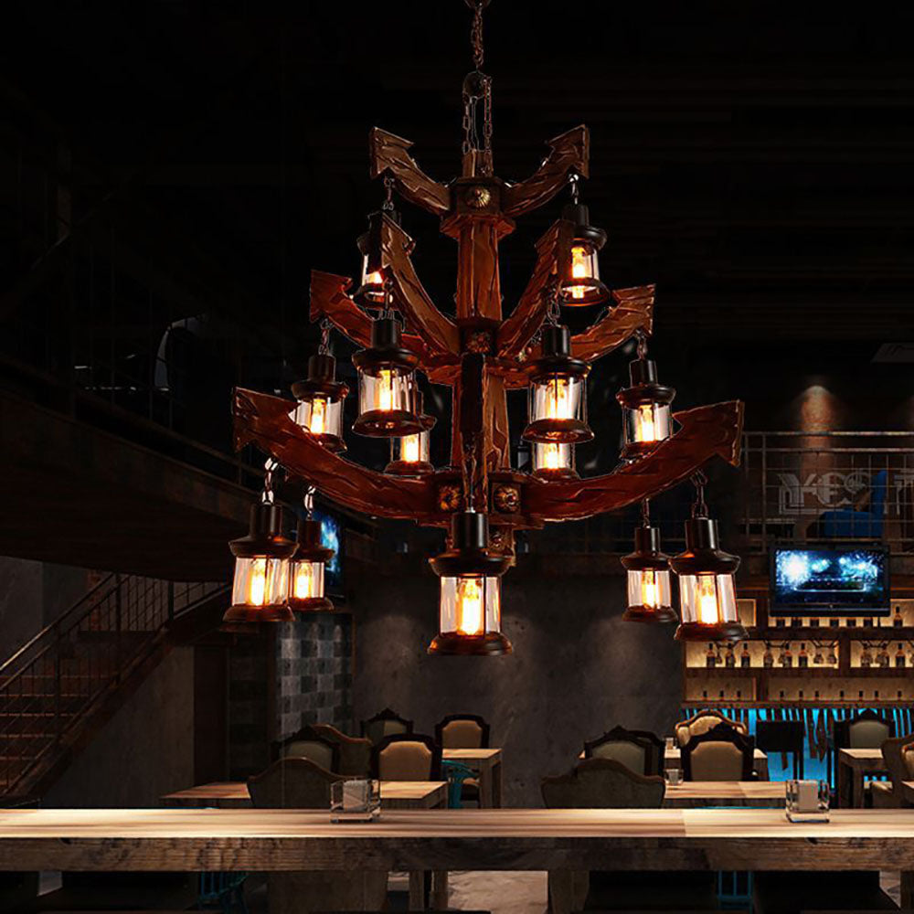 Austin Retro 14 Lantern Wood/Metal Chandelier Living Room/Bedroom - Lumpaz