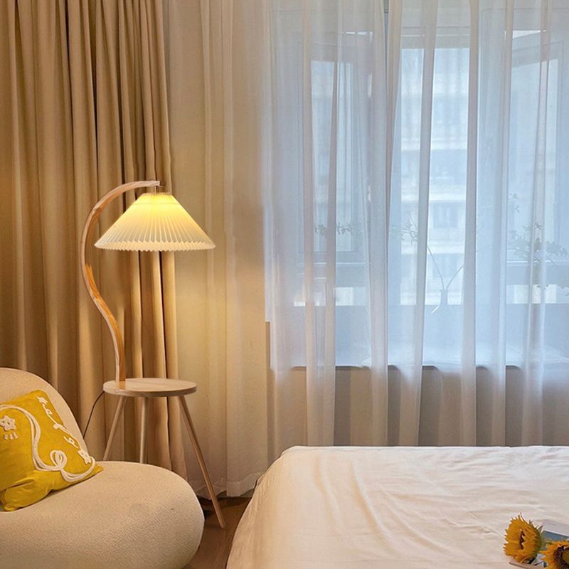 Ozawa Modern Pleated Wood Fabric Bedside Table Floor Lamp - Lumpaz