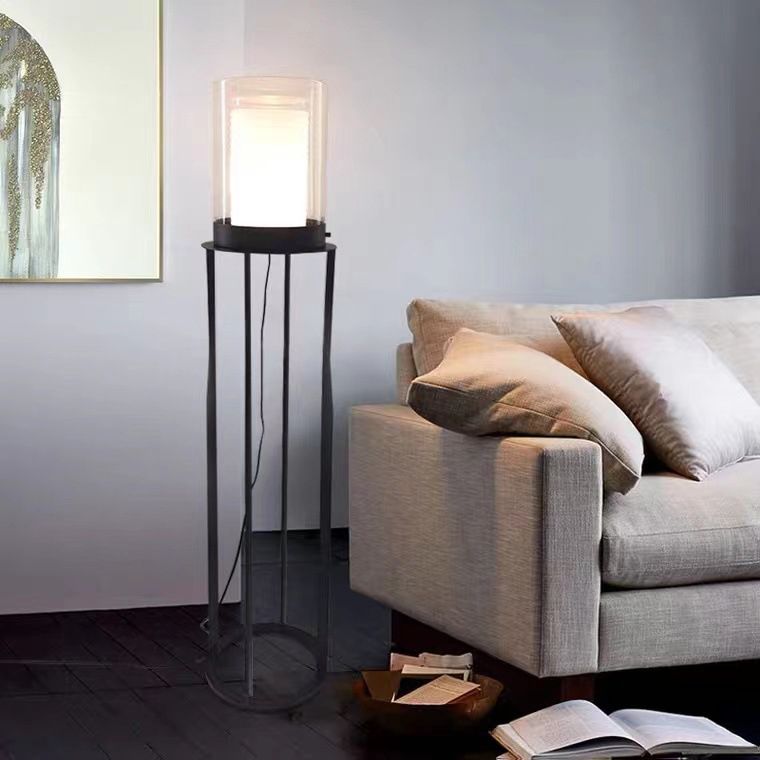 Eryn Simple Black Cylinder Floor Lamp, Metal & Glass - Lumpaz