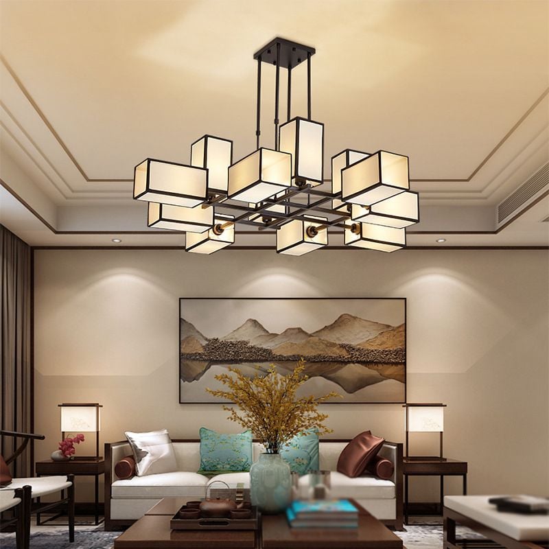 Lacey Pendant Light Square Retro, Metal/Fabric, Black/Gold, Living Room - Lumpaz