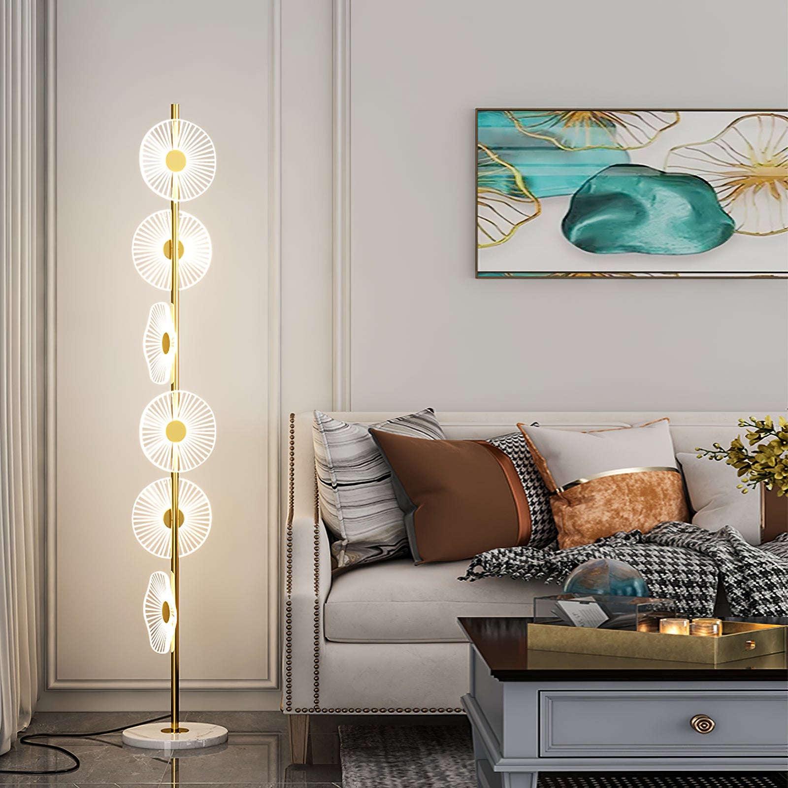 Carins Floor Lamp Creative Circle Modern, Acrylic, White/Gold, Bedroom - Lumpaz