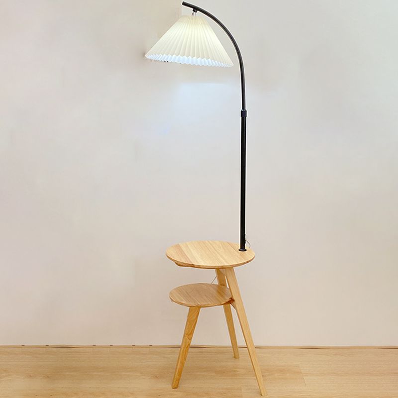 Ozawa Retro Pleated Metal & Wood Floor Lamp /w Bedside Table - Lumpaz