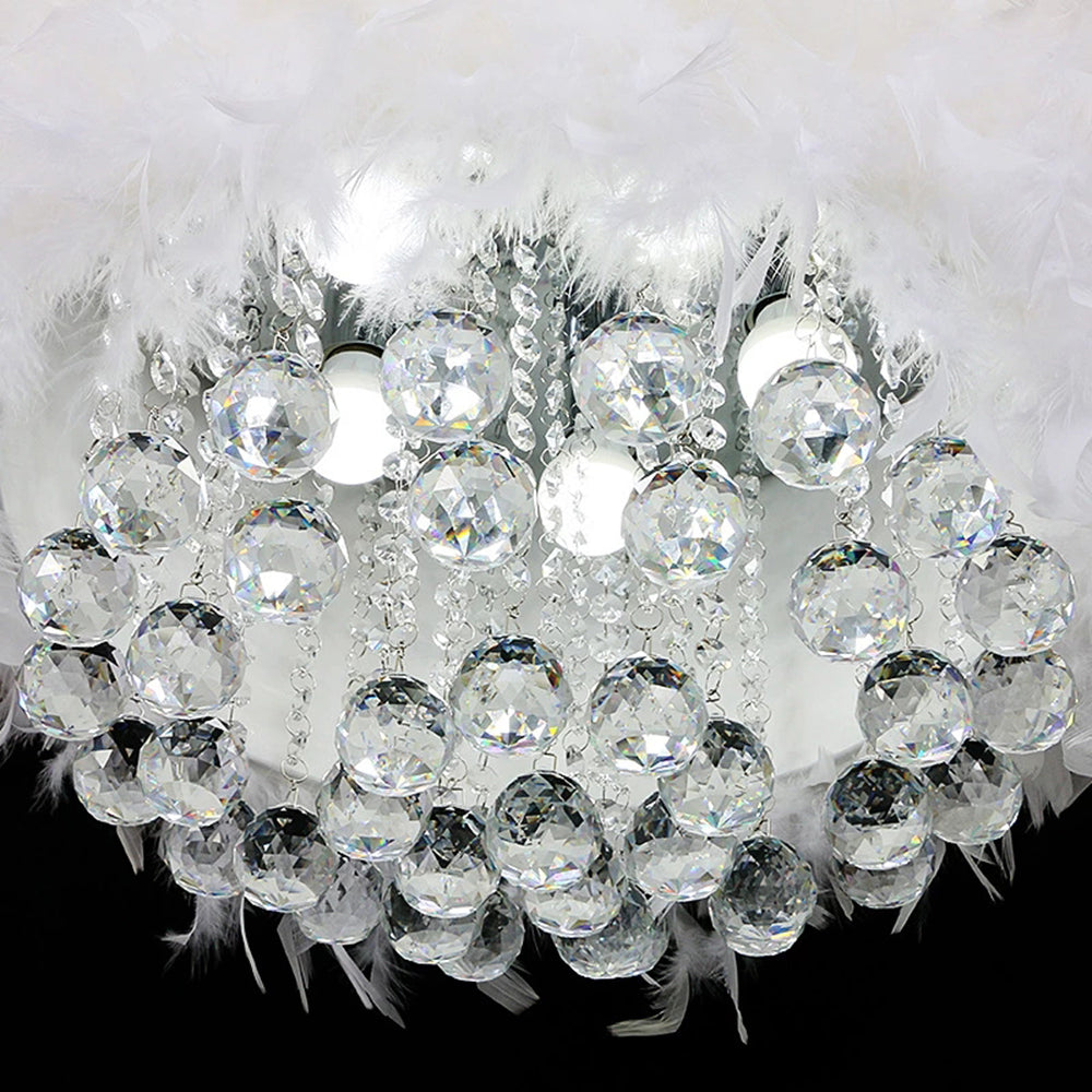 O'Moore Modern Luxury Round Chandelier, Feather/Crystal, White - Lumpaz