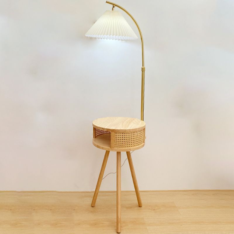 Ozawa Retro Pleated Metal & Wood Floor Lamp /w Bedside Table - Lumpaz
