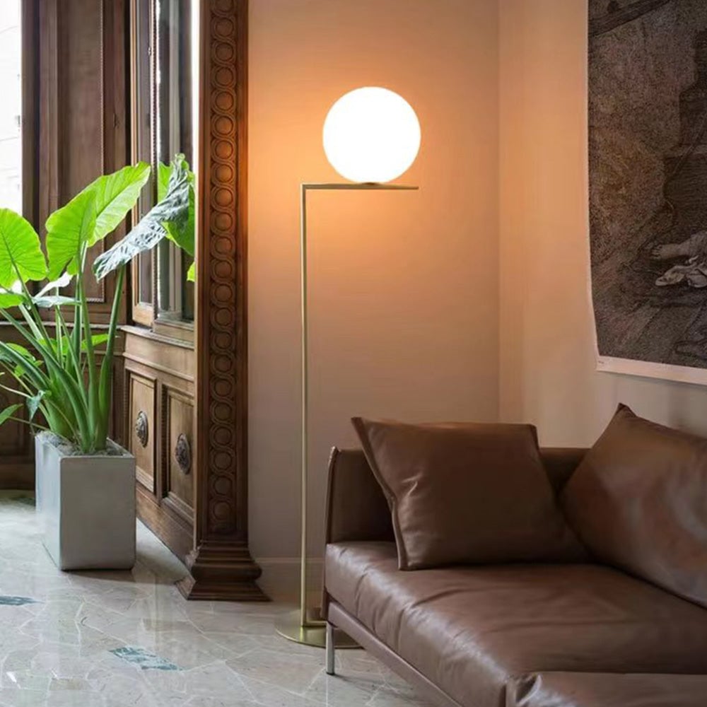 Valentina Modern Right Angle Globe Metal/Glass Standing Floor Lamp, Brass/Silver - Lumpaz