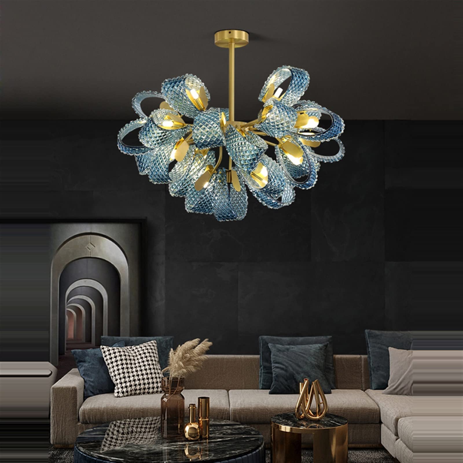 Hailie Vintage Art Deco Blue Glass Chandelier Living Room - Lumpaz