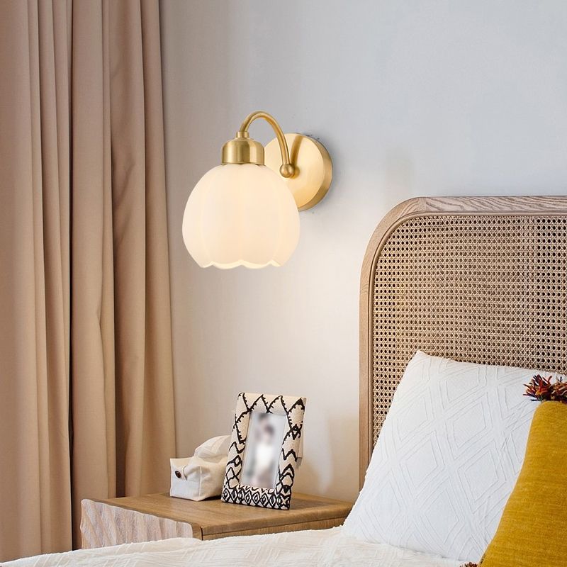Lily Nordic Flower Glass Metal Wall Lamp Gold/Ivory Bedroom - Lumpaz