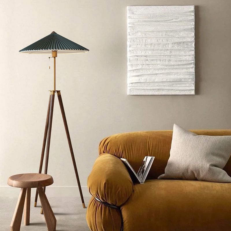 Ozawa Modern Pleated Tripod Wood Fabric Floor Lamp - Lumpaz