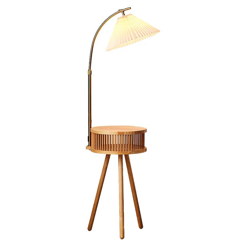 Ozawa Retro Pleated Metal & Wood Floor Lamp /w Bedside Table - Lumpaz