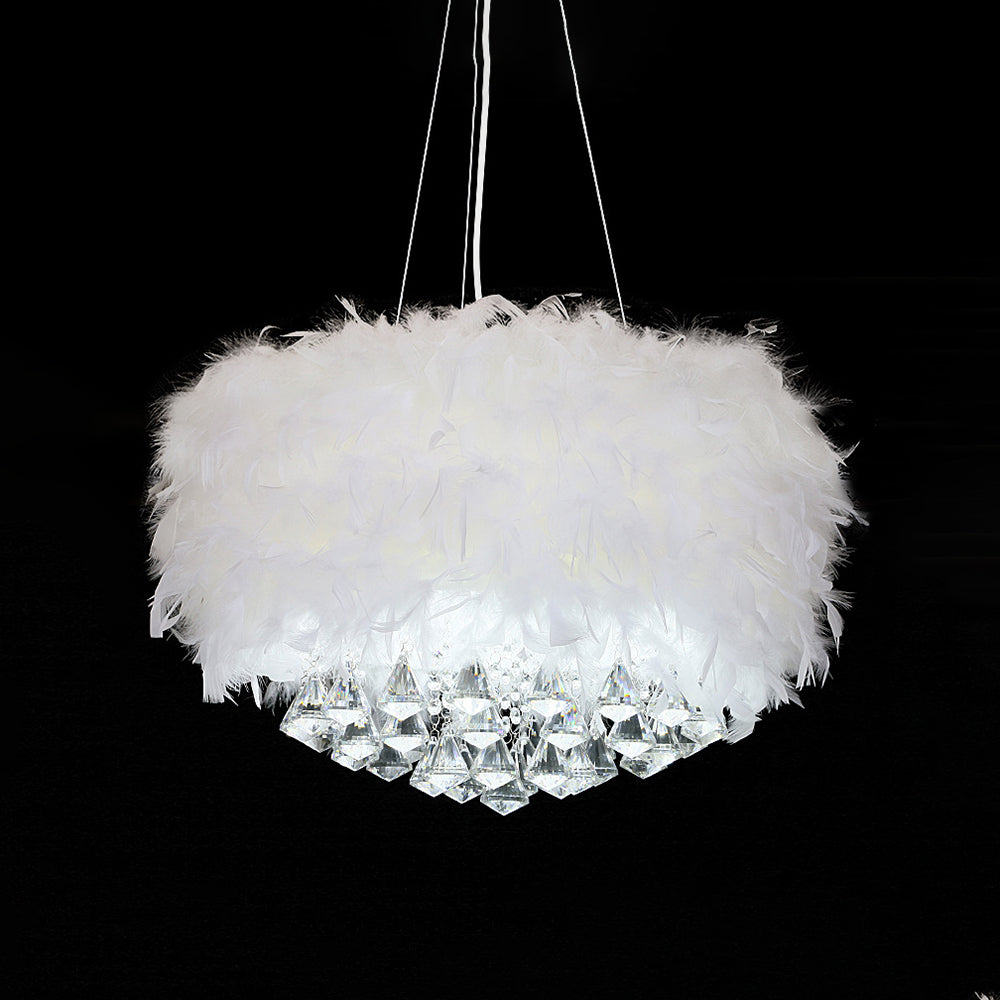 O'Moore Modern Luxury Round Chandelier, Feather/Crystal, White - Lumpaz