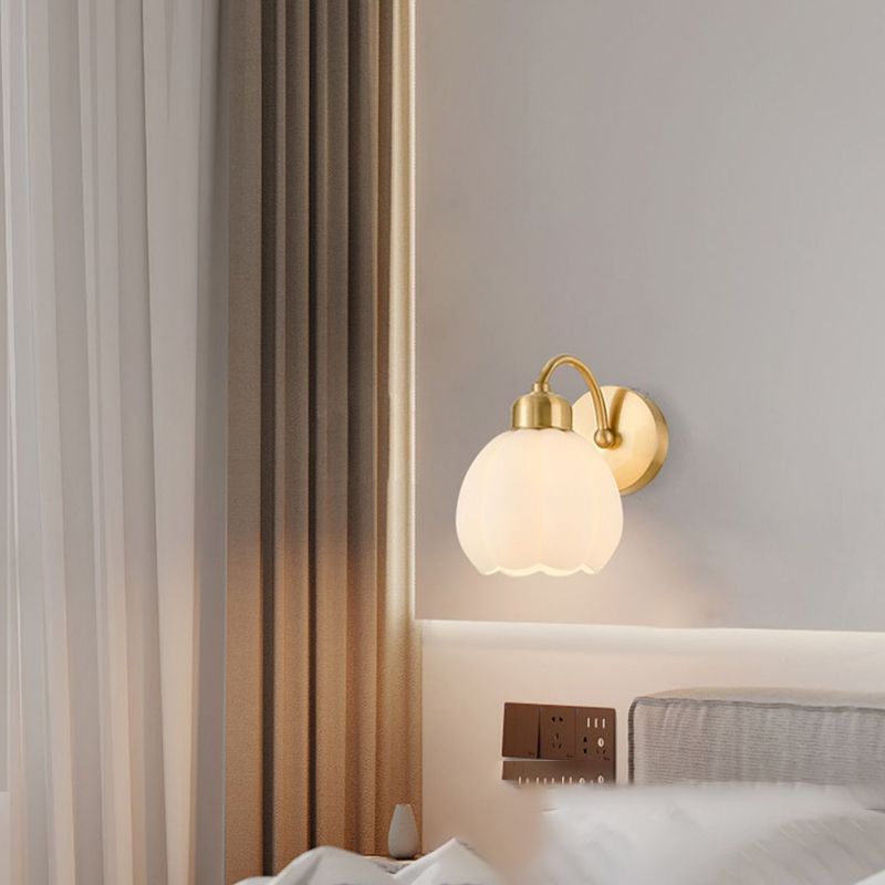 Lily Nordic Flower Glass Metal Wall Lamp Gold/Ivory Bedroom - Lumpaz
