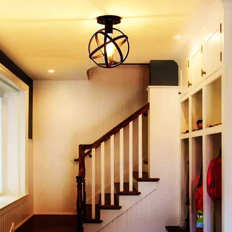 Herbert Retro Globe Lantern Metal Flush Mount Ceiling Light, Balck - Lumpaz