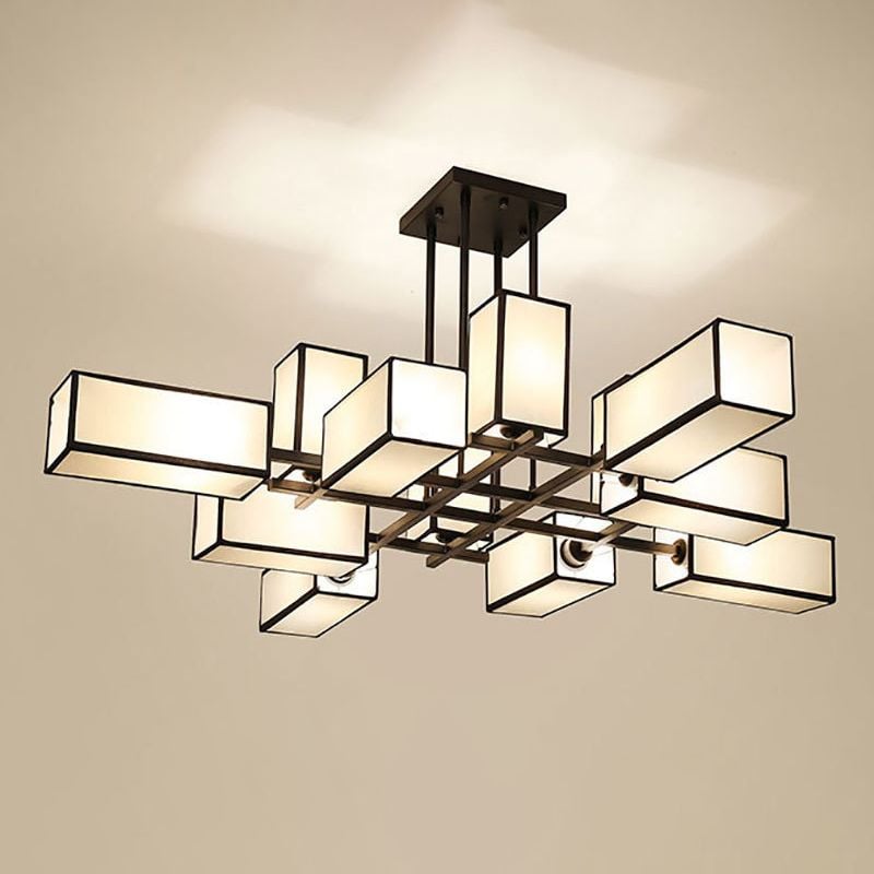 Lacey Pendant Light Square Retro, Metal/Fabric, Black/Gold, Living Room - Lumpaz