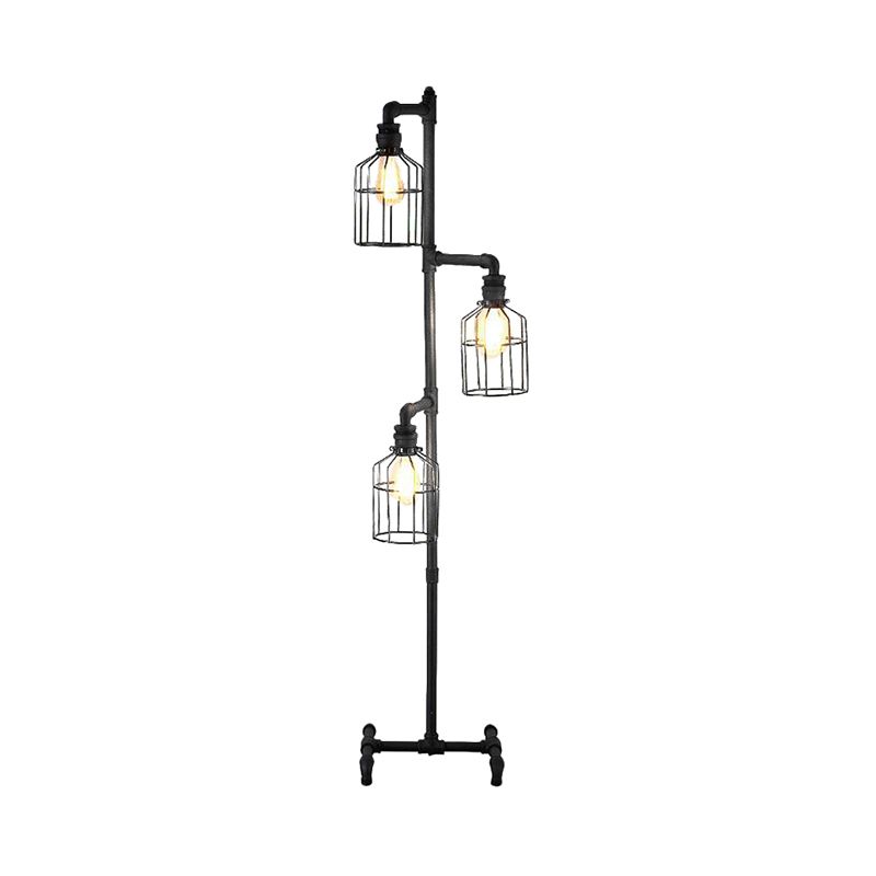 Alessio Retro Bird Cage Metal Floor Lamp, 3 Heads,Black - Lumpaz