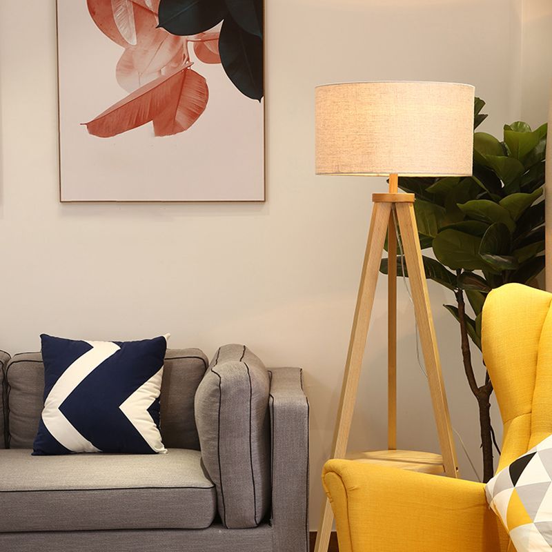 Ozawa Floor Lamp Triangle Vintage, Wooden/Fabric, Beige, Living Room - Lumpaz