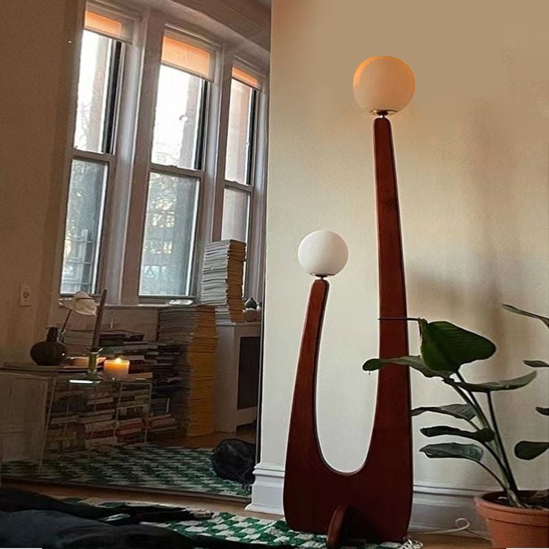 Avi Vintage Wood/Glass Floor Lamp,  2 Heads - Lumpaz