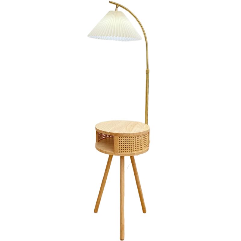 Ozawa Retro Pleated Metal & Wood Floor Lamp /w Bedside Table - Lumpaz
