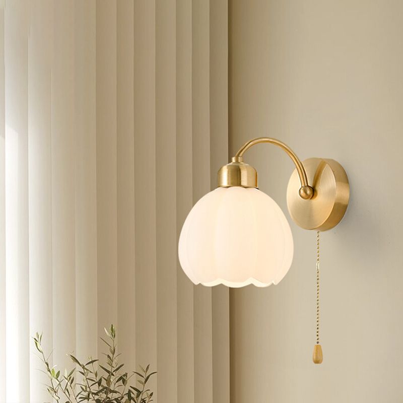 Lily Nordic Flower Glass Metal Wall Lamp Gold/Ivory Bedroom - Lumpaz