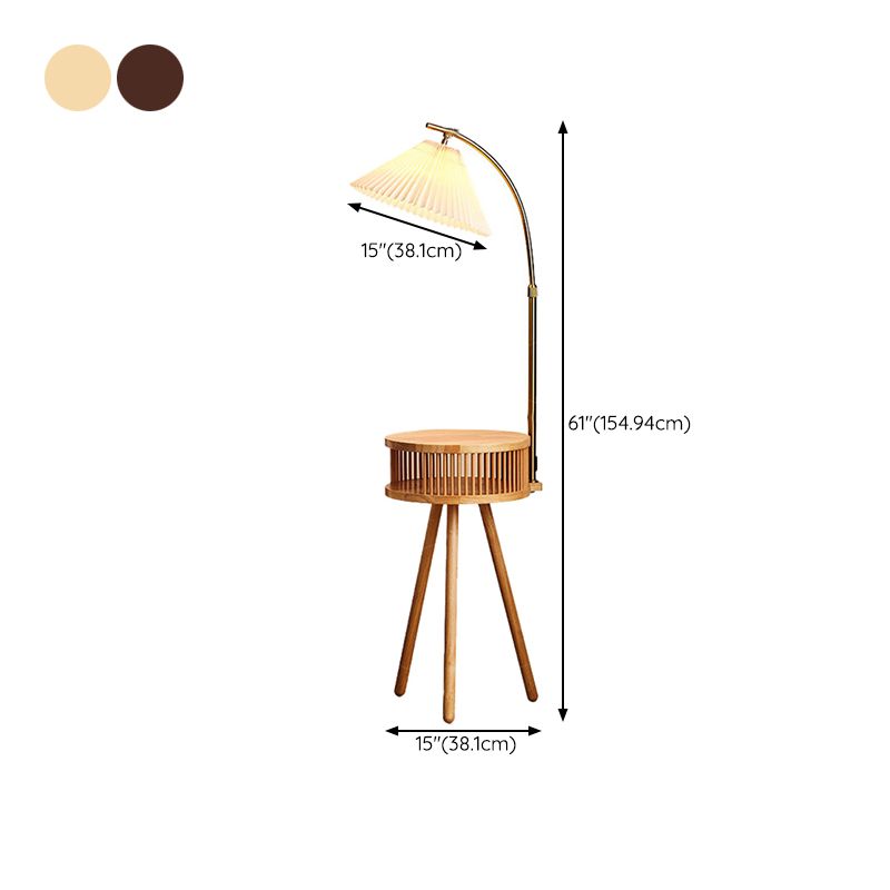 Ozawa Retro Pleated Metal & Wood Floor Lamp /w Bedside Table - Lumpaz