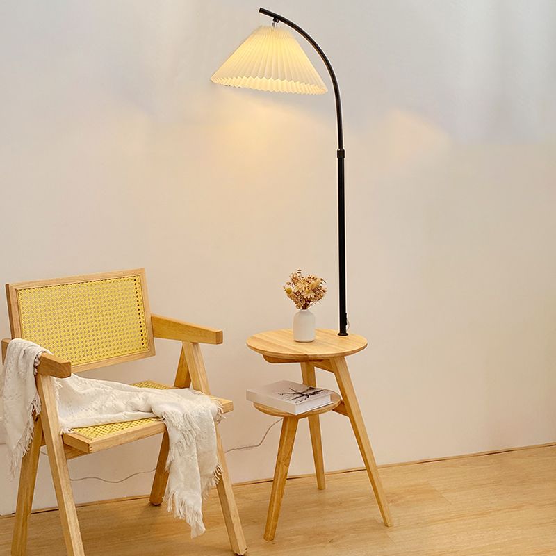 Ozawa Retro Pleated Metal & Wood Floor Lamp /w Bedside Table - Lumpaz