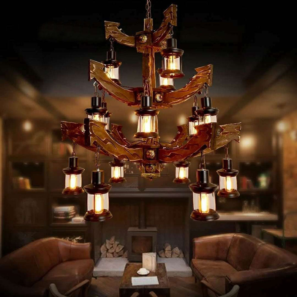 Austin Retro 14 Lantern Wood/Metal Chandelier Living Room/Bedroom - Lumpaz