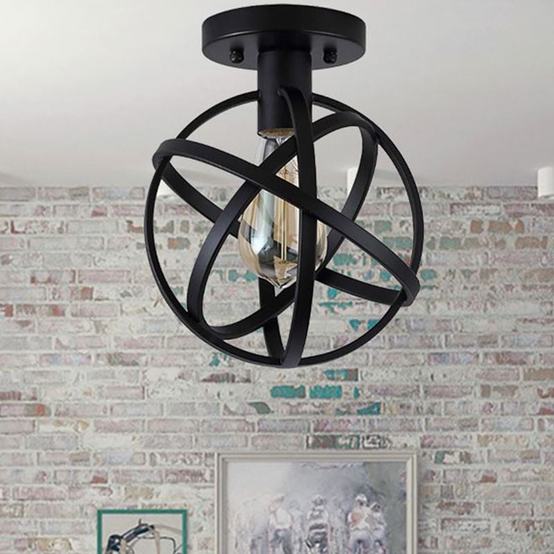 Herbert Retro Globe Lantern Metal Flush Mount Ceiling Light, Balck - Lumpaz