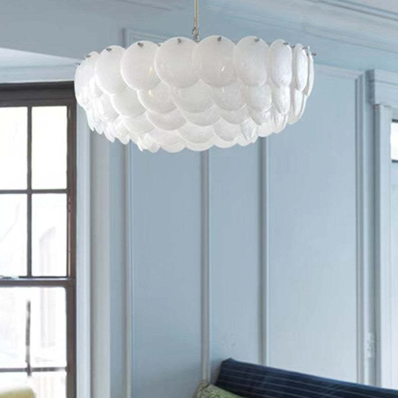 Lottie Wihte Art Deco Chandelier Light Fixture, Ceramic Leaf & Metal - Lumpaz