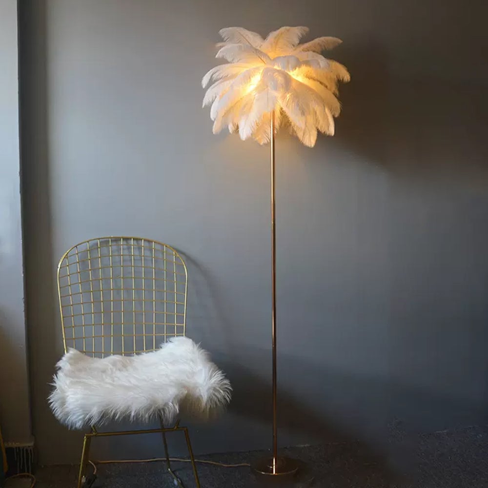 O'Moore Modern Floor Lamp, Natural Ostrich Feather & Metal Stand - Lumpaz