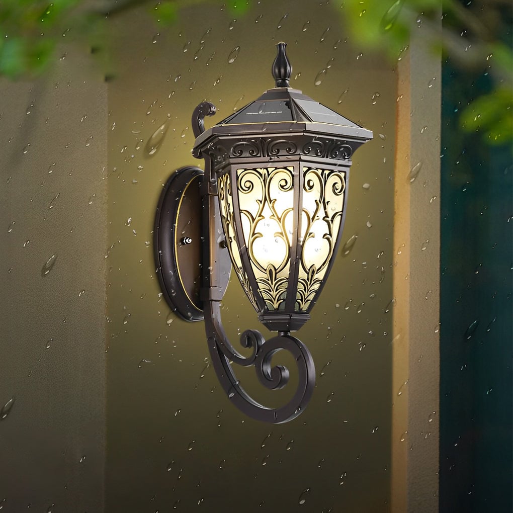 Vintage Flower Pattern Waterproof Black American Style Solar Wall Lamp - Lumpaz