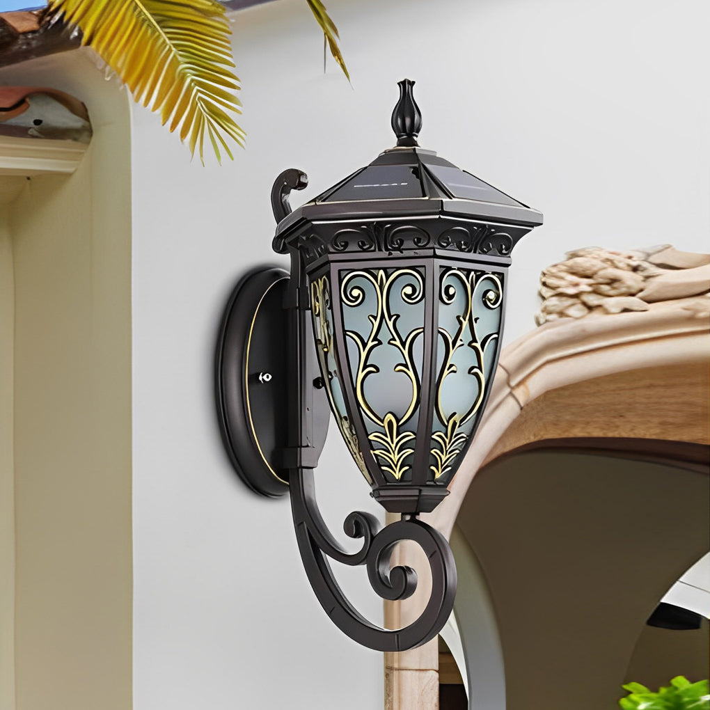 Vintage Flower Pattern Waterproof Black American Style Solar Wall Lamp - Lumpaz