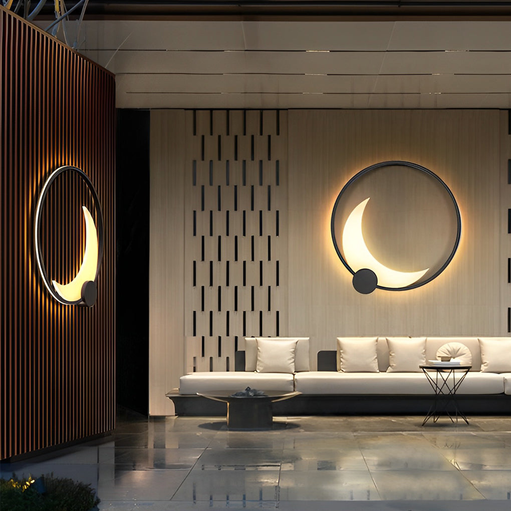 Round Moon Waterproof Black LED Wall Sconce Lighting Outdoor Wall Lamp - Lumpaz