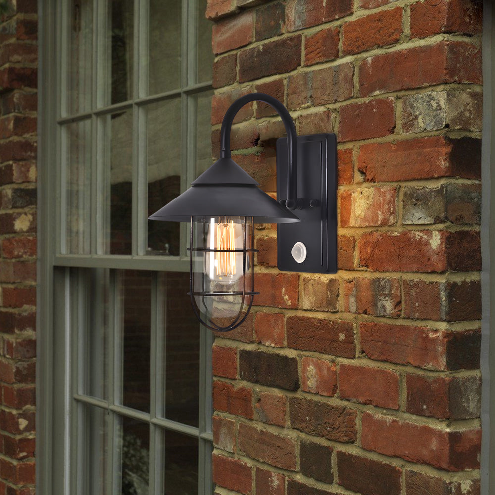 Retro Round Iron Glass Waterproof Motion Sensor Black Outdoor Wall Lights - Lumpaz
