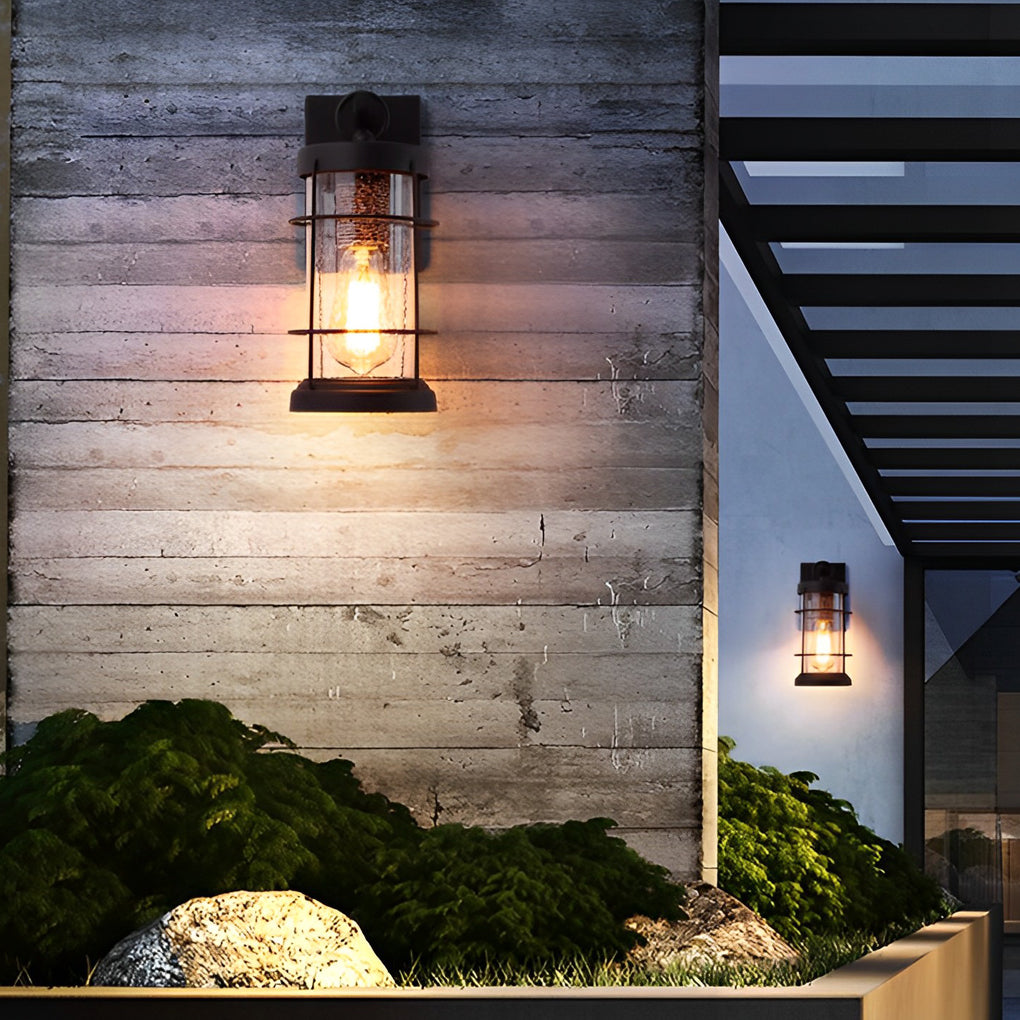 Waterproof Iron Glass Lantern Black Retro Rustic Exterior Wall Lights - Lumpaz