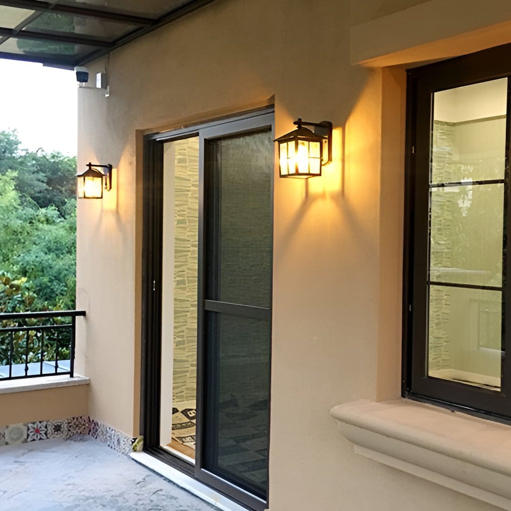 Antique Lantern Shaped Glass Waterproof Black Modern Wall Sconce Lighting - Lumpaz