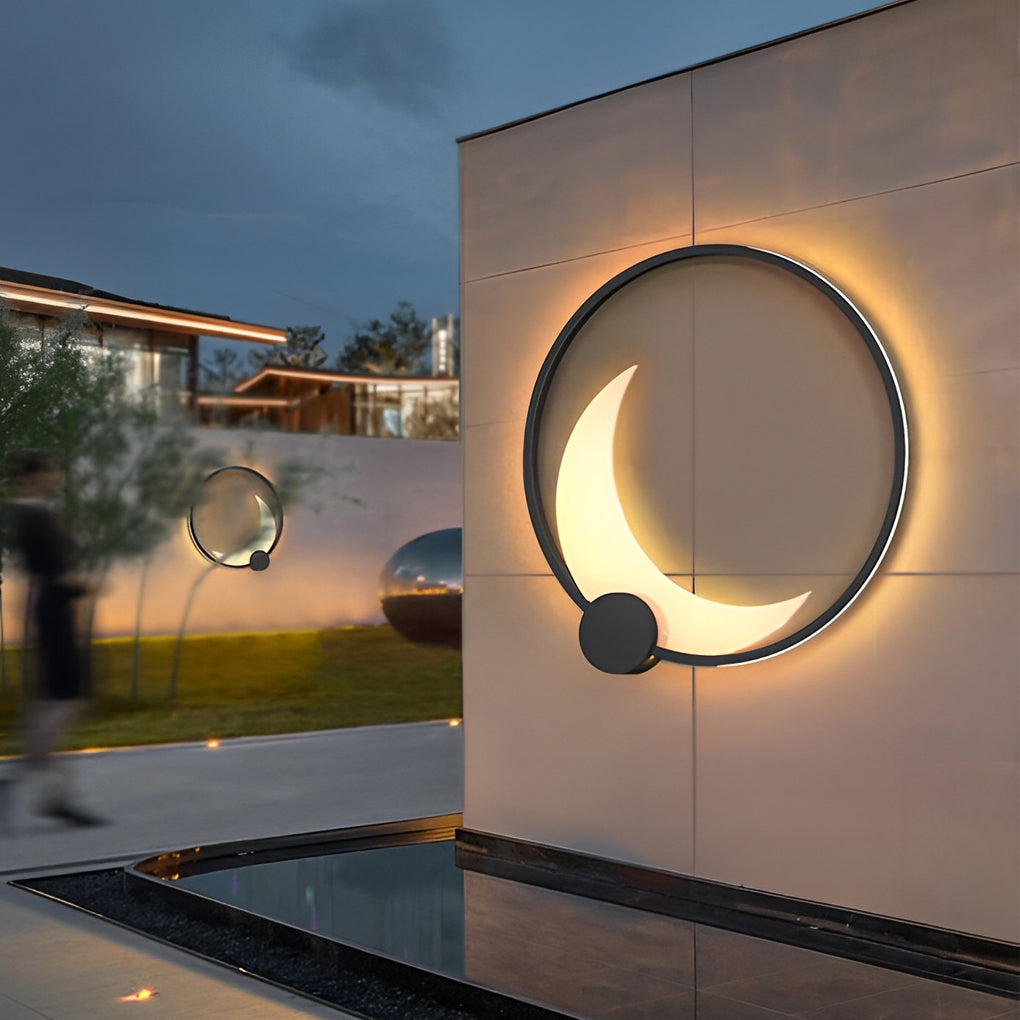 Round Moon Waterproof Black LED Wall Sconce Lighting Outdoor Wall Lamp - Lumpaz