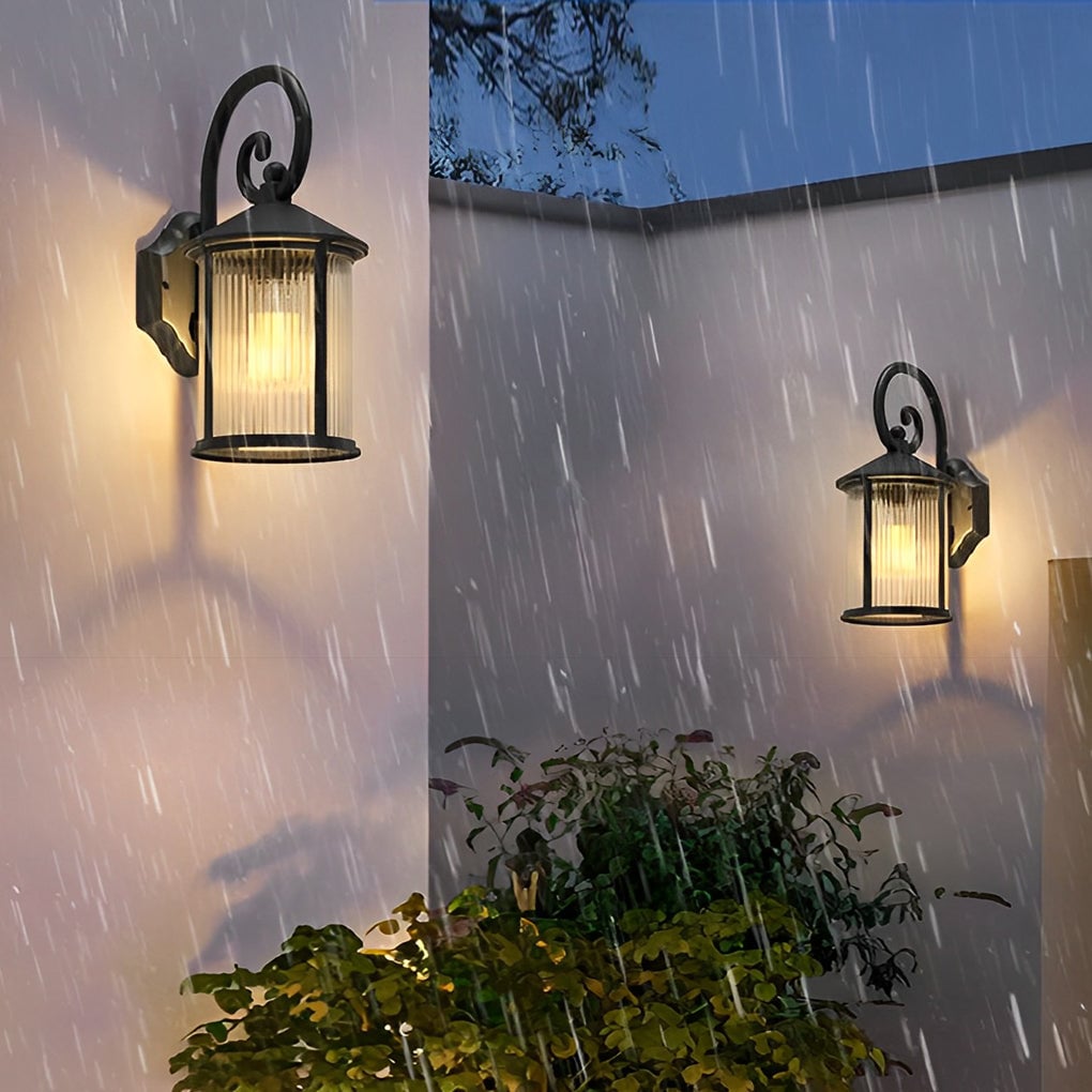 Waterproof Striped Glass Aluminum Black Retro Outdoor Wall Lights - Lumpaz