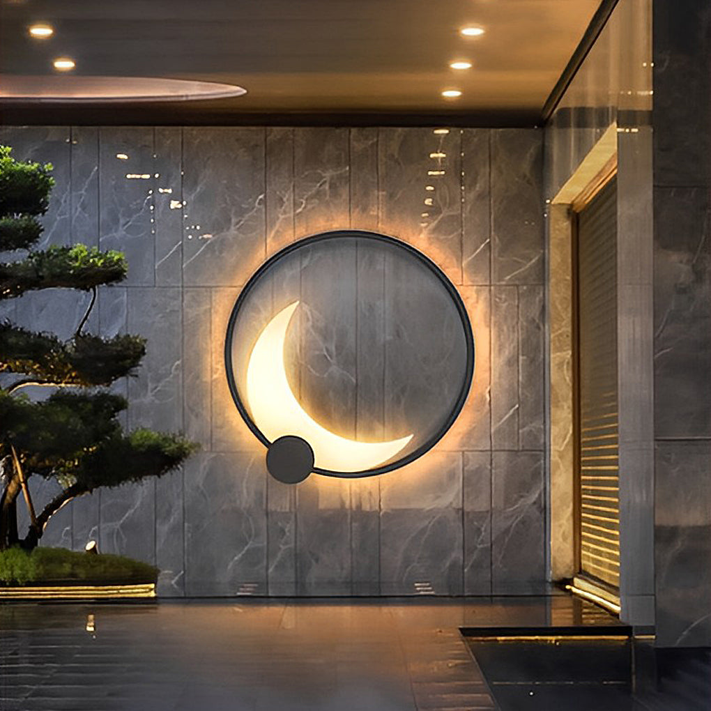 Round Moon Waterproof Black LED Wall Sconce Lighting Outdoor Wall Lamp - Lumpaz