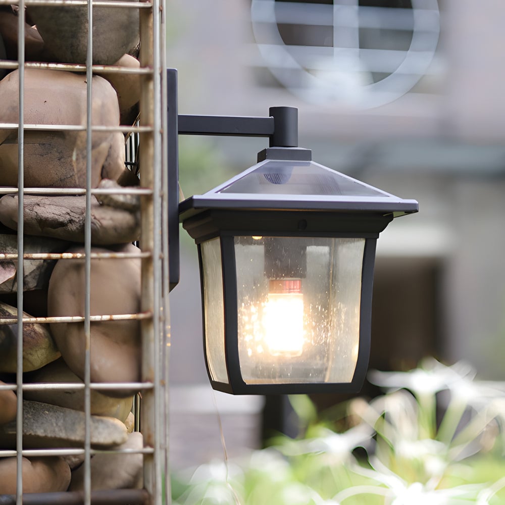 Square Waterproof Aluminum Glass Black Retro Solar Outdoor Wall Lights - Lumpaz