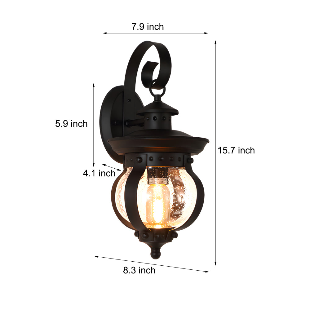 1-Light Seeded Glass Globe LED Outdoor Wall Lantern with Curved Arm - Lumpaz